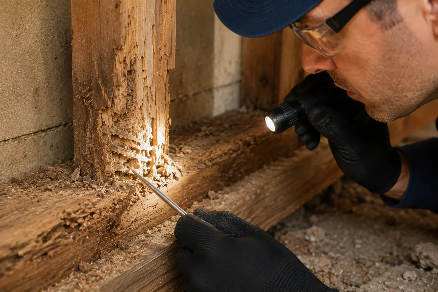An inspector probing damaged wood with a hand tool